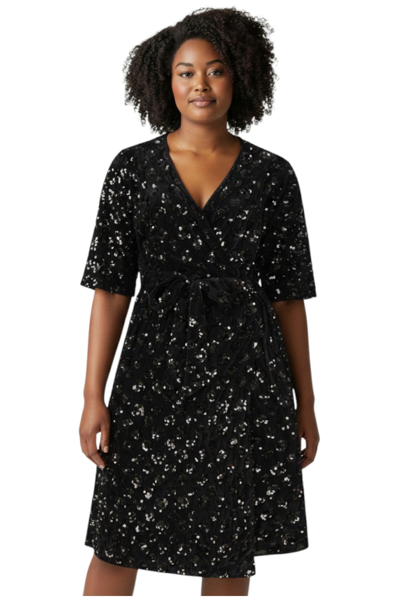 Black Flower Sequin Wrap Dress